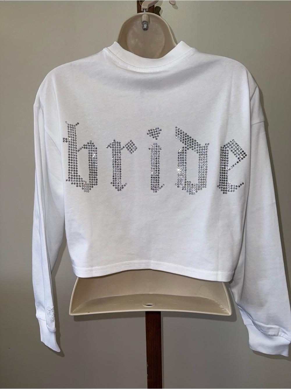 NWT Bride Merch (XS) Brand New Jeweled 'Bride' White Long Sleeve Crop Top